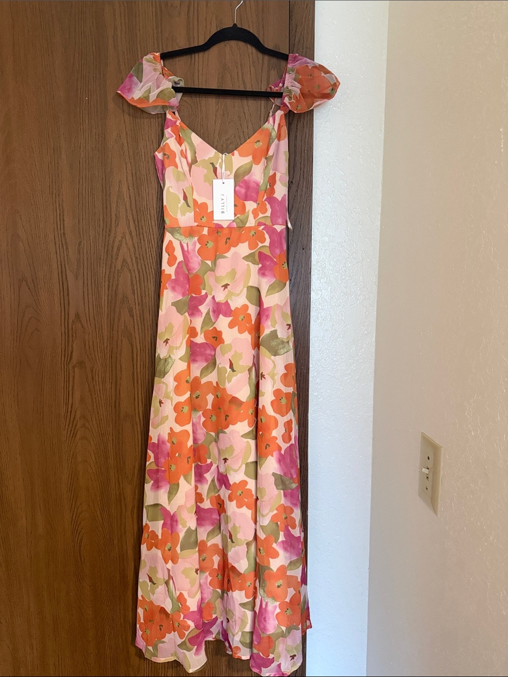 Floral V-Neck Maxi Dress with Puff Shoulders - Pink, Orange & Cream